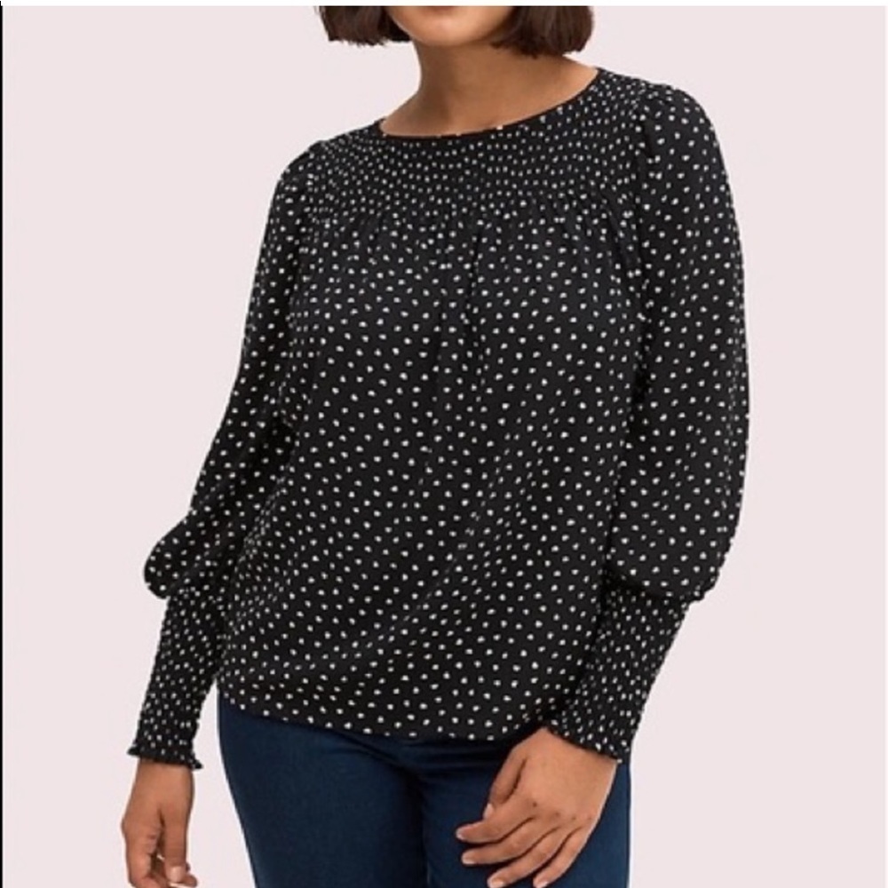 KATE SPADE Size XS Heartbeat Smock Yoke Long Sleeve Blouse In Black